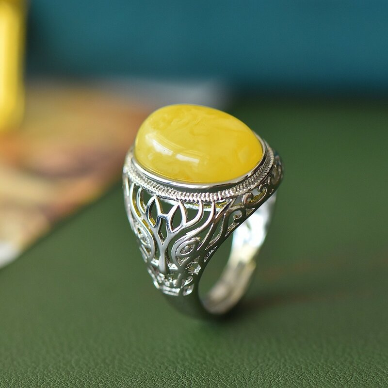 Cincin Amber alami pria wanita, perhiasan aksesori halus penyembuhan asli batu permata Baltik Amber cincin berongga besar dapat disesuaikan