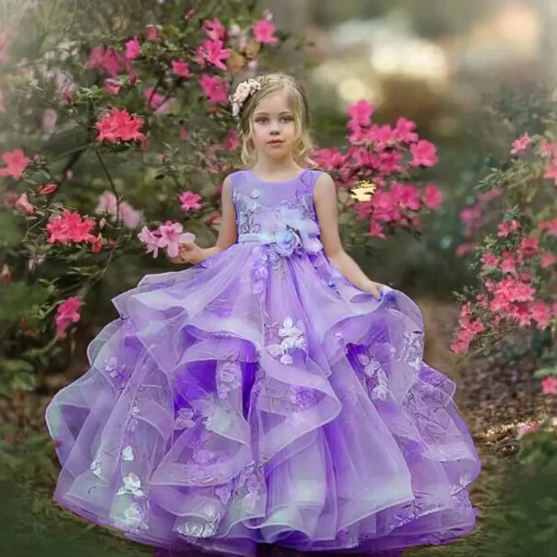Rosa Blumen mädchen Kleider Organza ärmellose boden lange Kinder Mädchen Hochzeit Geburtstags feier Erstkommunion Urlaub Kleid