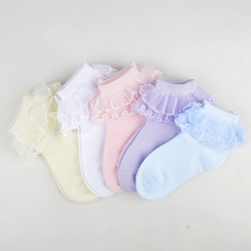Calcetines de algodón con volantes de encaje para niños y niñas, medias transpirables de malla de princesa, calcetín corto de tobillo blanco, rosa, azul, 3 pares