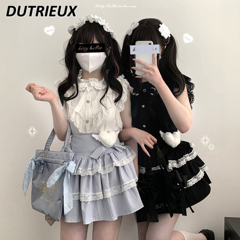 Japanese Mine Lolita Shirt Cute Kawaii Sweet Bow Lace Shirts Small Stand Collar Flounced Sleeve White Blusas Mujer Summer Camisa