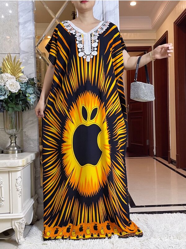 2024 kobiet letnia sukienka trwała bawełna krótki rękaw luźna suknia w stylu Maxi kwiatowa Femme Musulmane afrykański Dashiki z nadrukiem sukienka kwiatowa