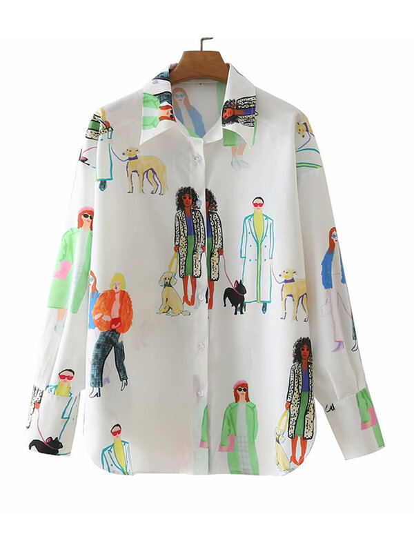 Modny charakter wydruku bluzka koszula kobiet typu Streetwear z długim rękawem kobiet z kołnierzykiem z klapami koszule damskie lato Blusas