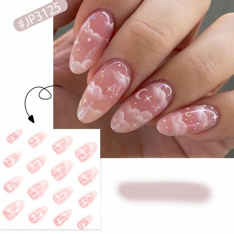 24 sztuk/pudło długie migdałowe sztuczne paznokcie francuska różowa chmura brokatowa kwiaty gwiaździste naciśnięcie na paznokcie sztuczne paznokcie DIY Manicure paznokcie