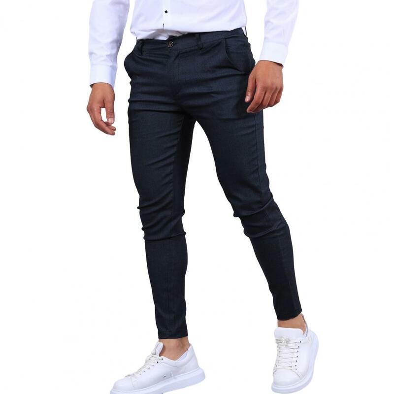 Spodnie z pierścieniem w talii styl biznesowy Slim Fit męskie spodnie z oddychającą tkaniną do kostek z kieszeniami do dojazdów do pracy