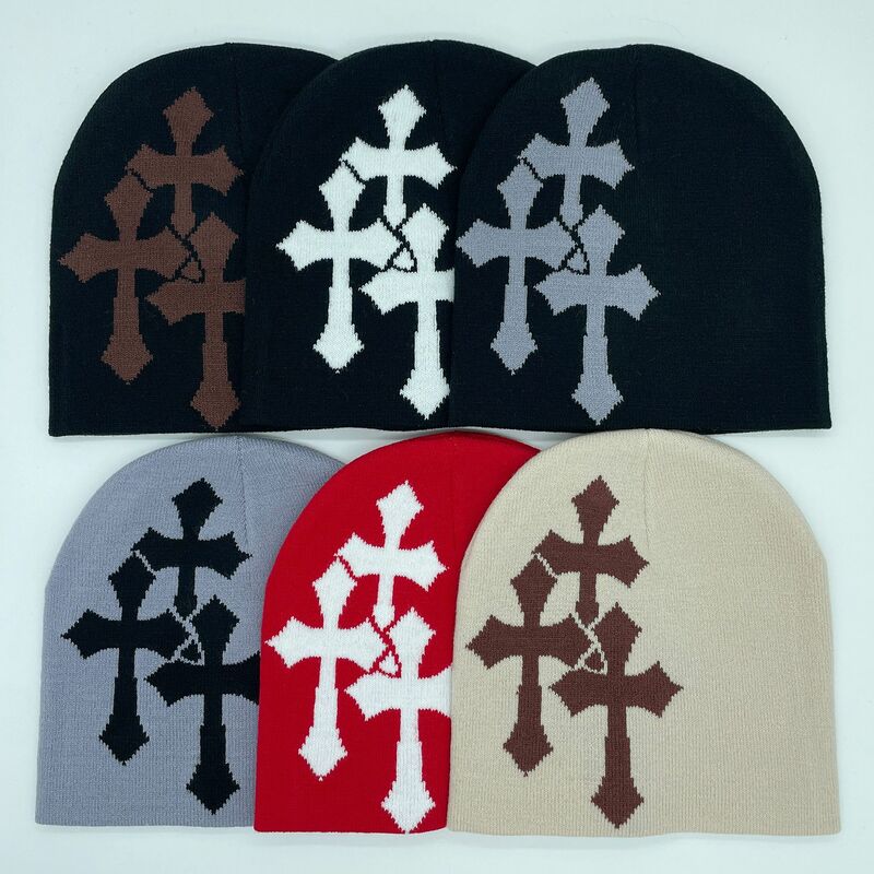 Y2K-Cross Chapéu de malha padrão, três Beanie transversal, chapéu macio exterior do esporte, tampão morno do pulôver, forma gótica, inverno