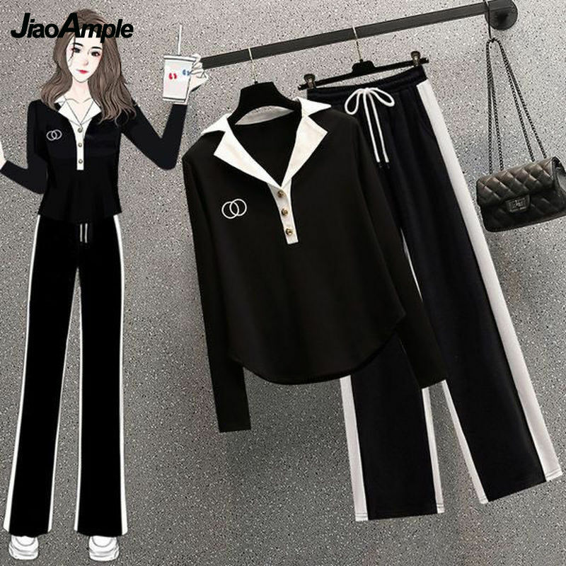 2022 Autumn New Fashion Polo Collar Long-sleeved Top + Pants Two-piece Women's Casual Tracksuit Korean Elegant Sportswear Suit