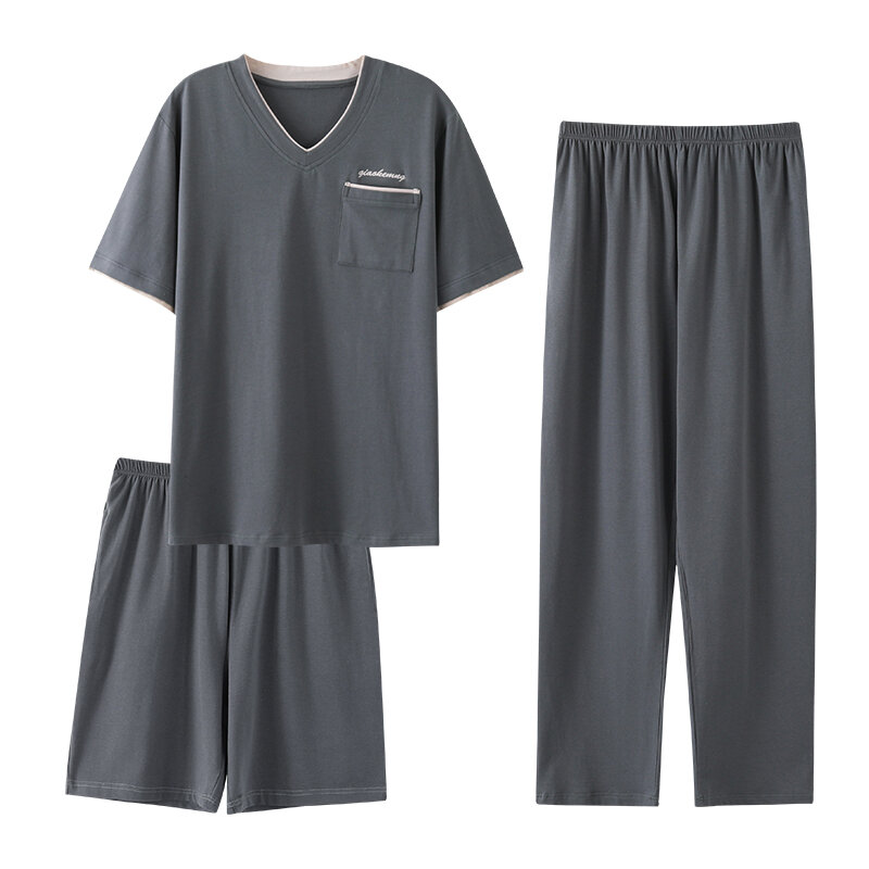 Conjunto de pijamas modais masculinos, pijamas macios, tops curtos para dormir, shorts e calças compridas, pijama de verão, jardas grandes, L a 4XL, 3 peças