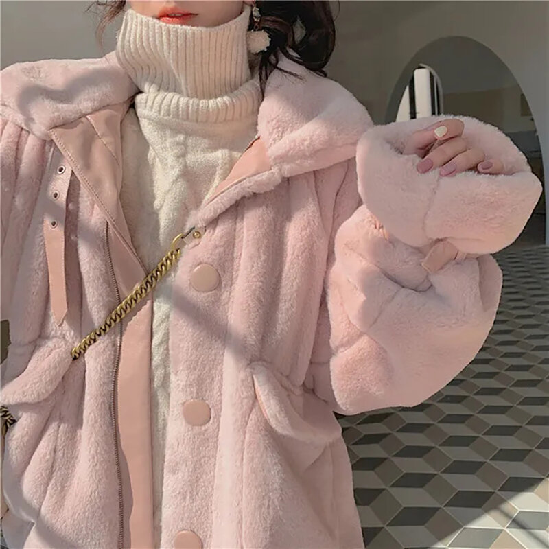 Autumn Winter Imitation Fur Jacket Warm Overcoat Korean Solid Sweet Single-breasted Pocket Coat Women Fashion Pink White Parkas