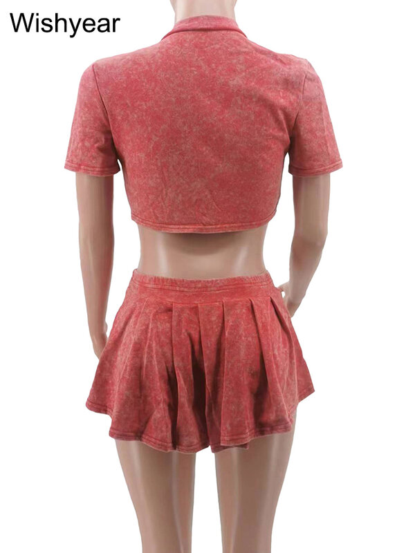Sexy Summer Beach Red Two 2 Pieces Women’s Set Short Sleeve V-Neck Bandage Crop Top and Pleated Mini Skirts Night Club Outfits