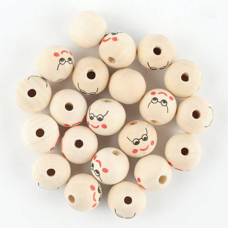 25PCS Original wood color 20mm printed smiling face wooden bead cartoon female doll head expression round bead