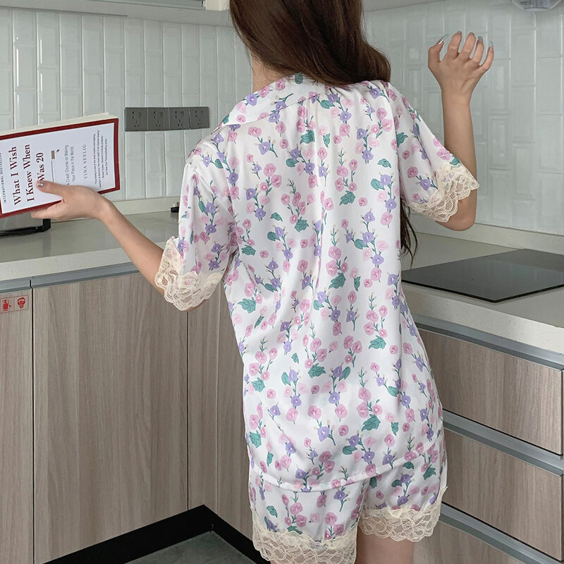 Модная Пижама с лацканами, домашняя одежда, женская летняя рубашка с кружевным подолом и короткими рукавами, шорты, домашняя одежда из двух предметов, одежда для сна, атласная ночная рубашка