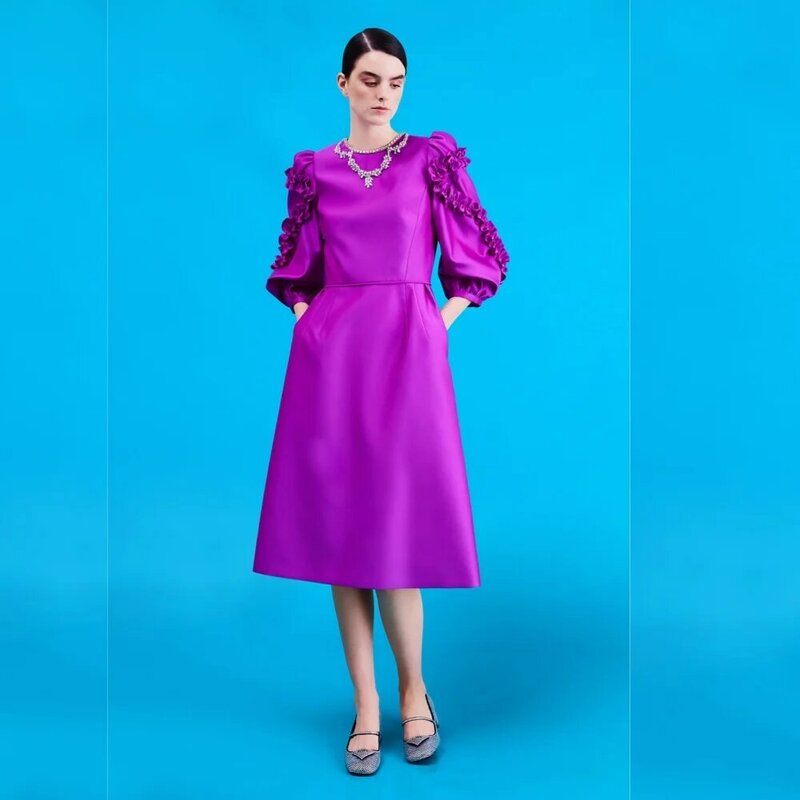 Jersey Sequined Ruched Flower Birthday A-line High Collar Bespoke Occasion Gown Midi Dresses