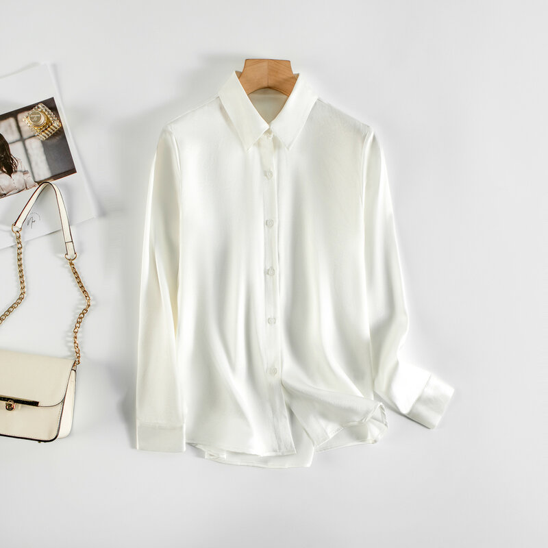 Camisa informal de manga larga, camisa de seda de morera 100% Natural, cuello vuelto, estilo OL, versátil, color blanco, 35MM