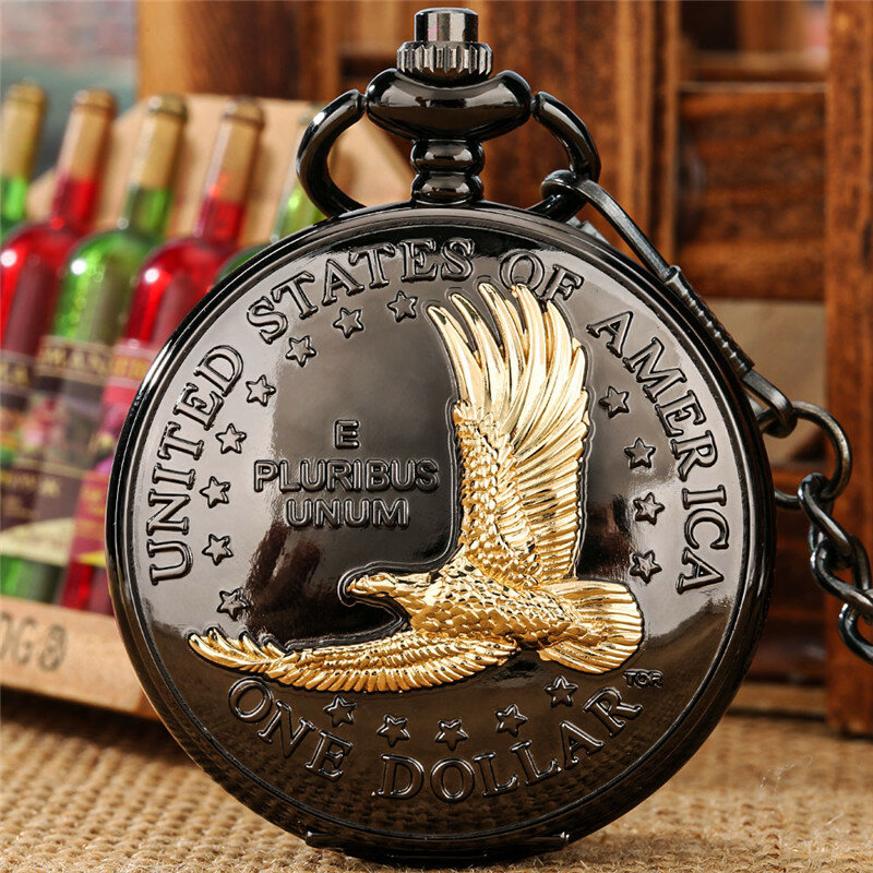 Reloj de bolsillo de Estilo Vintage para hombre y mujer, cronógrafo analógico de cuarzo con diseño de águila de un dólar de los Estados Unidos, cadena con cadena y número romano