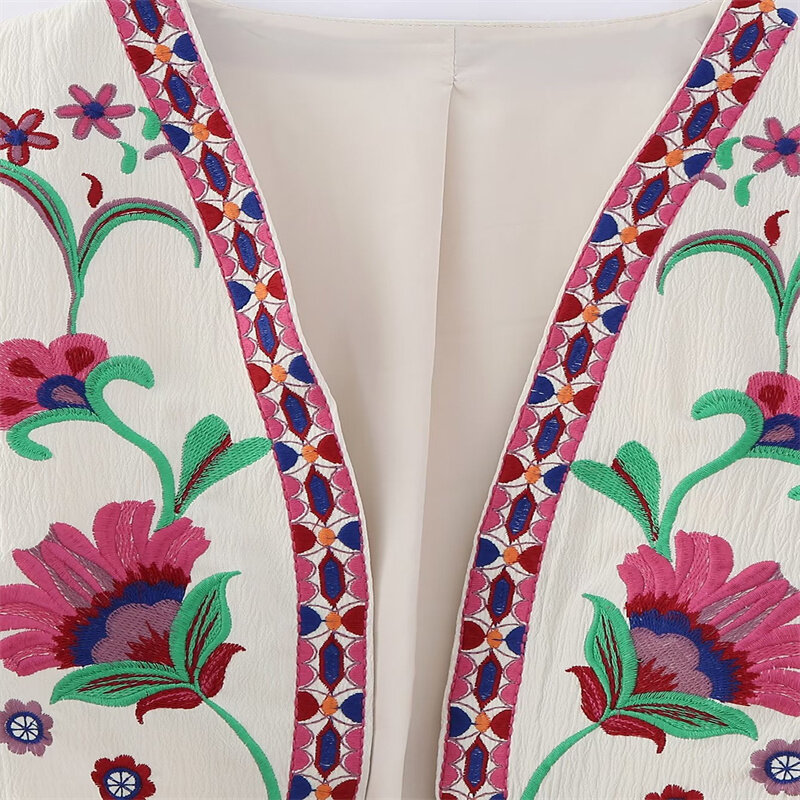 Keyanketian Frauen Vintage Blumen bestickte offene Weste Damen National Style Weste Jacke Outfits lässig Urlaub Crop Top