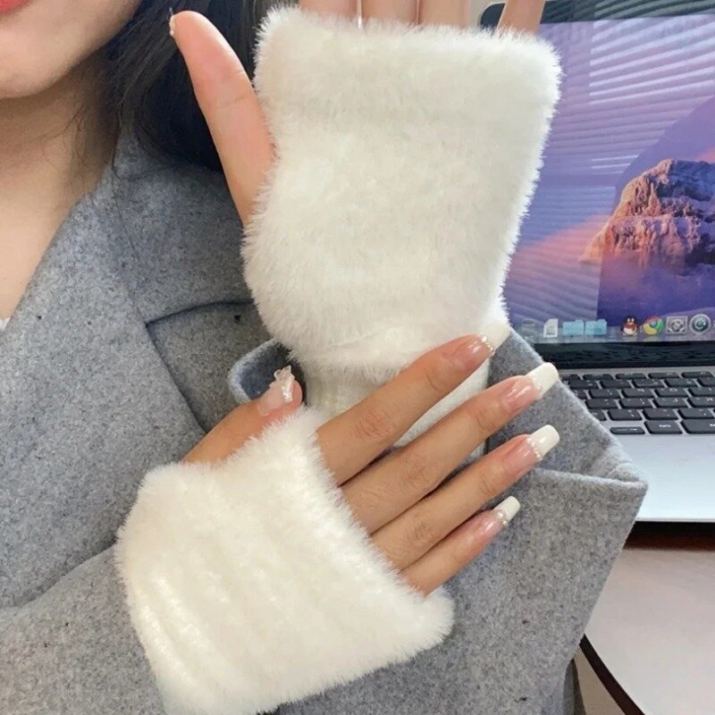 Guanti mezze dita in lana calda da donna protezione da polso in maglia di peluche invernale guanti solidi Finger Touchscreen Office studenti Writting