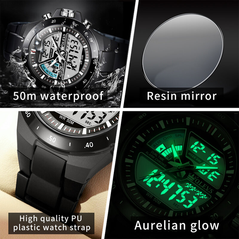 Olevs Trendklaring Welzijnsverkoop 50M Waterdicht Gratis Cadeau Herenhorloge Multifunctioneel Led Display Chronograaf Horloge Voor Heren