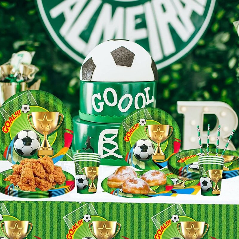 サッカーサッカーパーティーデコレーション男の子用使い捨て食器バルーンカッププレートテーブルクロスキッズベビーシャワーパーティー用品