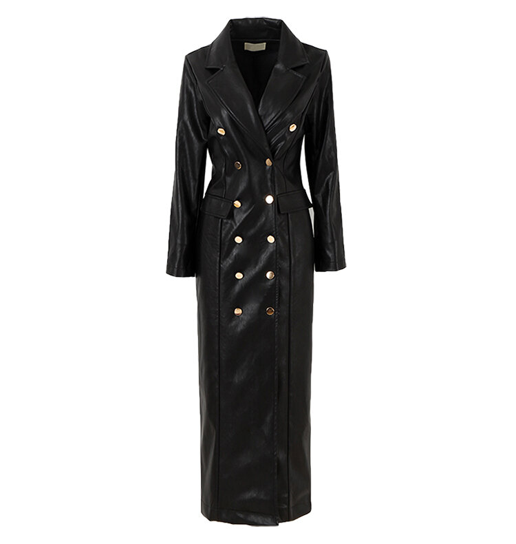 2024 Spring Autumn Extra Long Black Faux Leather Trench Coat for Women Double Breasted Luxury Elegant British Fashion