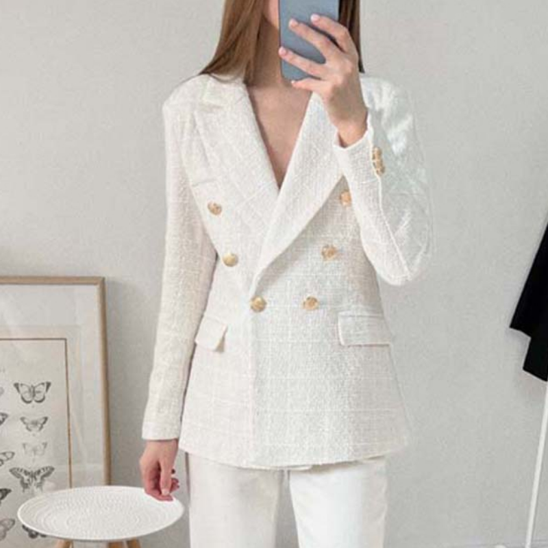 Women Jacket Spring 2022 TRAF Fashion Double Breasted Tweed Blazer Coat Vintage Long Sleeve Female Outerwear Chic Top 2022