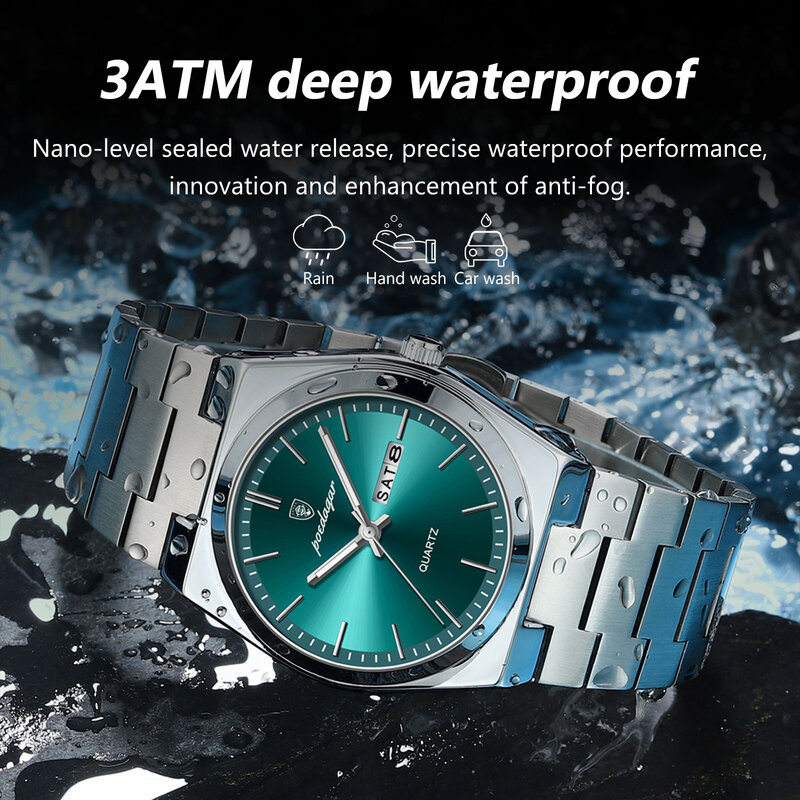 POEDAGAR arloji olahraga pria, jam tangan Quartz mewah tahan air bercahaya tanggal pekan Stainless Steel