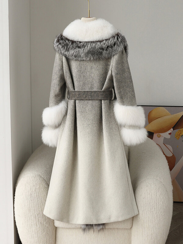 女性のためのリバーシブルウールコート,タイトフィット,キツネの毛皮の襟,白いガチョウのテキスタイル,カシミアの毛皮のコート