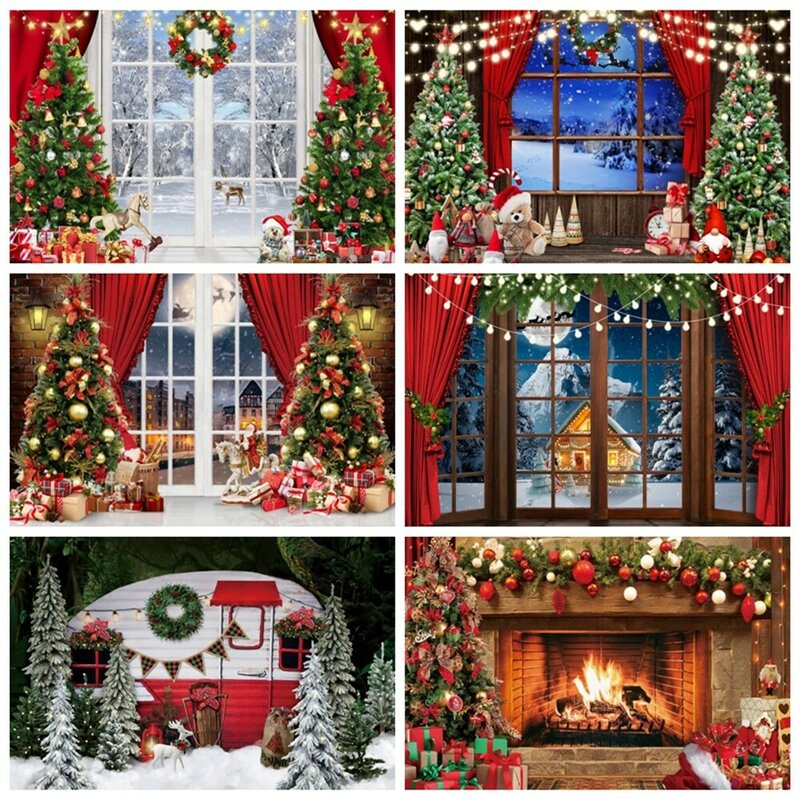 Fondo de fotografía de Navidad para niños y adultos, ventana de noche de invierno, chimenea, piso de madera, árbol de Navidad, nieve, fiesta familiar, Fondo de foto