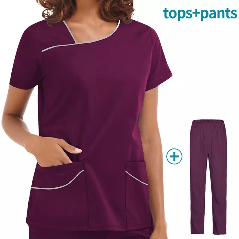 女性の介護ユニフォーム,半袖VネックTシャツとパンツ,外科用作業服,高品質