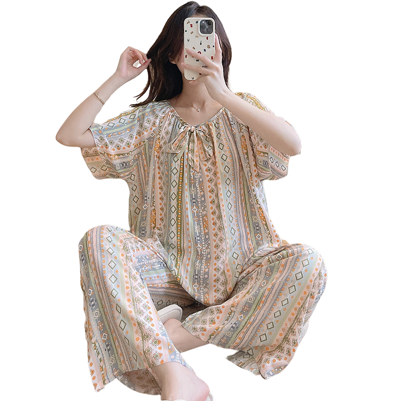 Conjunto de pijama de dos piezas para mujer, ropa de salón de cuello redondo, de algodón fino camisón de seda, pantalones largos de manga corta, ropa de casa femenina