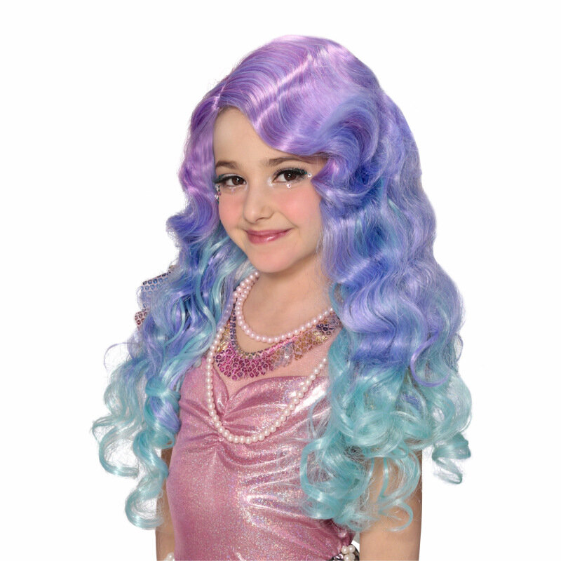 Peruca Multi Color Mermaid Cosplay para meninas, cabelo longo para vestir, fantasia de Halloween, rosa, azul, roxo