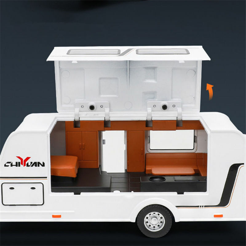 1/32 paduan Trailer RV Model mobil truk Diecast logam rekreasi Off-road kendaraan Camper mobil Model suara dan cahaya hadiah mainan anak-anak