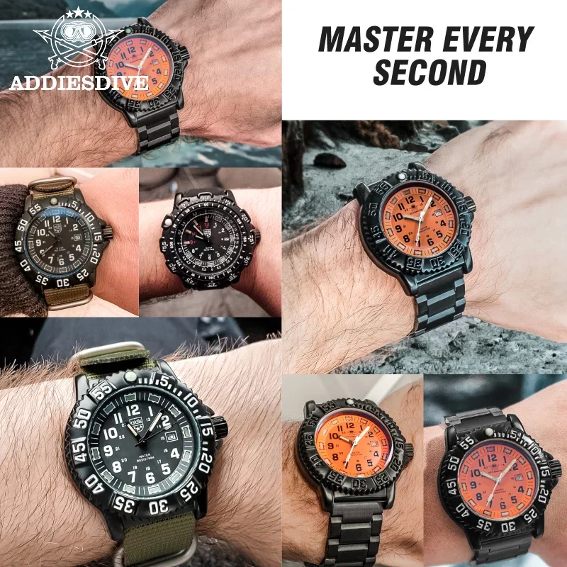 ADDIESDIVE-Relógio de aço inoxidável masculino com mostrador preto, relógios tubulares, quartzo luminoso, Alloy Case, relógios de pulso de mergulho impermeáveis, 50m
