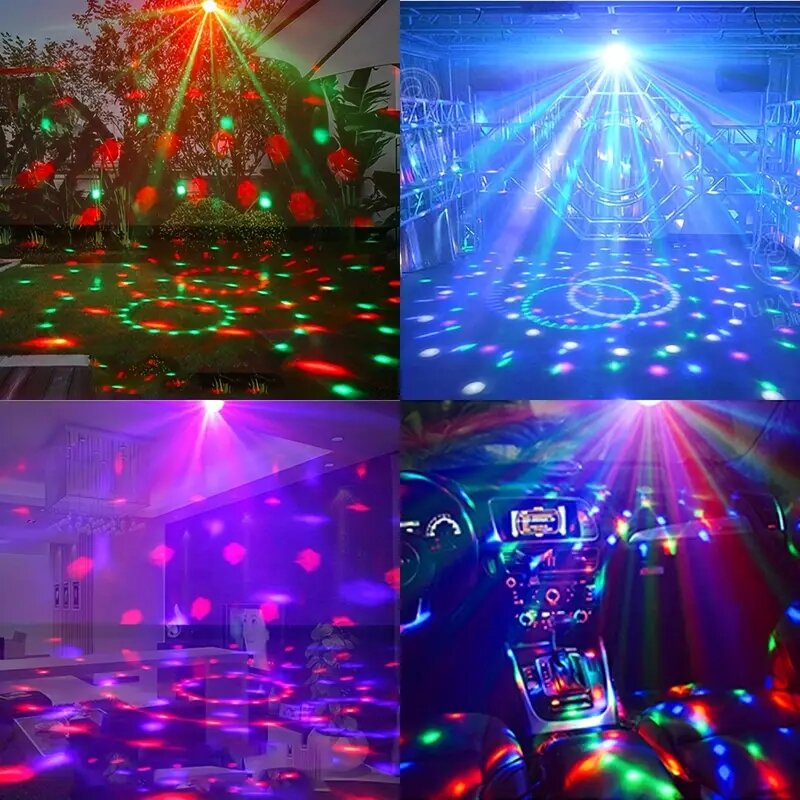 Lumière rotative activée par le son, lumière stroboscopique LED colorée, scène activée par le son, télécommande, boule de Chang, escales