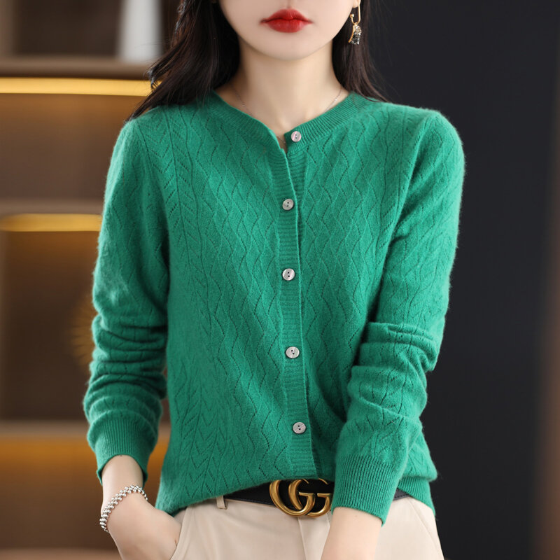 Início da primavera cardigan camisola de lã pura womeno o pescoço 2023 novo estilo coreano moda pequena fragrância cor pura camisola versátil