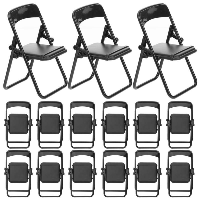 Kursi lipat Mini, 12 buah miniatur dekorasi rumah mainan furnitur simulasi pemegang kursi Mini kursi boneka kursi lipat rumah