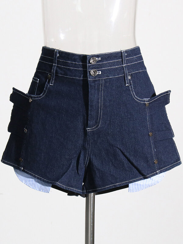 ROMISS jeansowe minimalistyczne szorty dla kobiet z wysokim stanem patchworkowe kieszeń Casual Slim Sexy krótkie spodnie damskie modne ciuchy