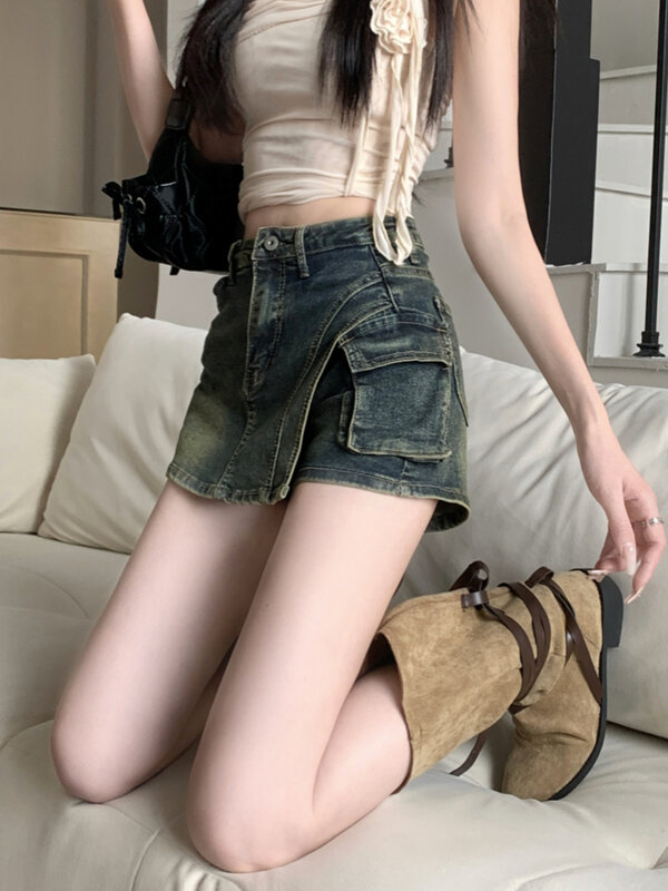 DEAT moda damska jeansowa spódniczka wysoka talia w nieregularna patchworkowa kieszeniach w stylu A wąskie spódnice lato 2024 nowa 7 ab4022