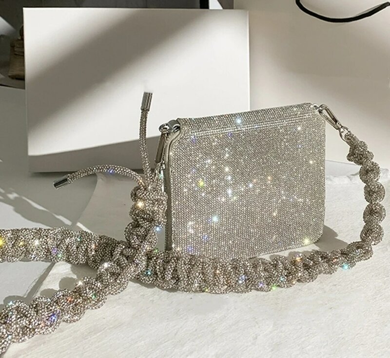 Tali Tas Rantai Kristal Berlian Imitasi Tebal Berlaku untuk Tas Wanita Buatan Tangan Pasta Anyaman Berlian Tas Tangan Aksesori Tali Bahu