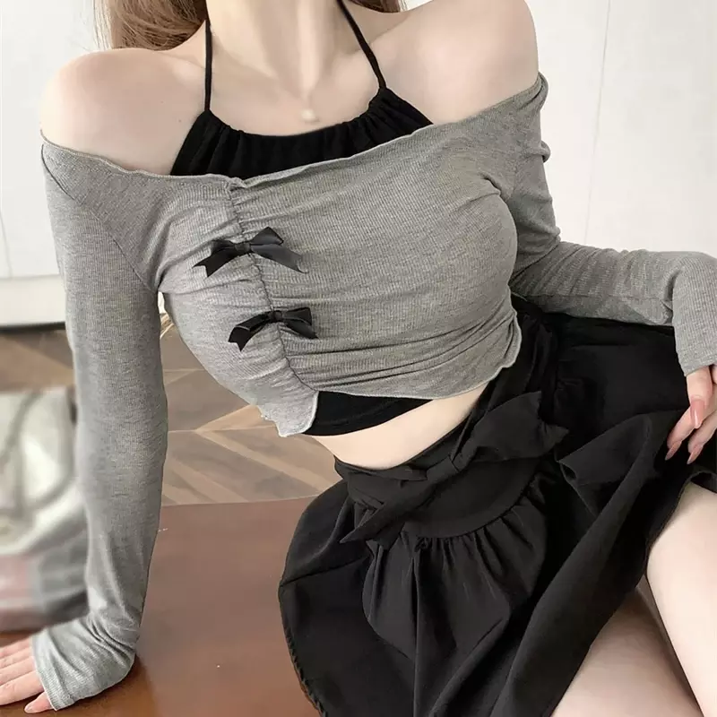 Solid color Sweet One shoulder Ladies two-piece set Irregular Ladies' top Bow