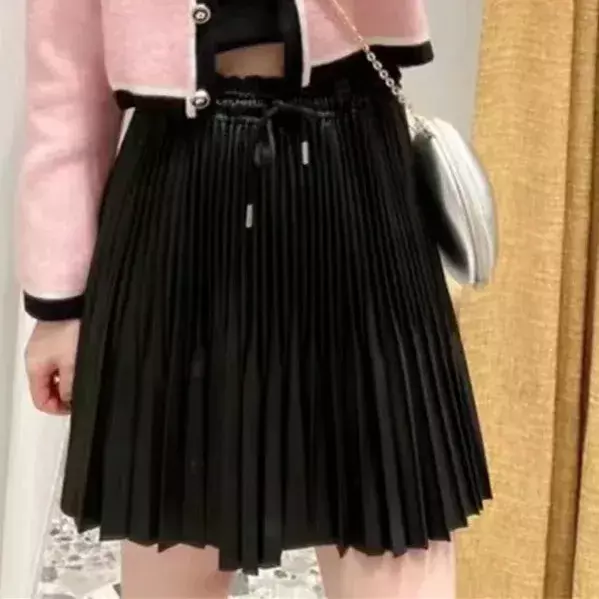 Women Black Mini Skirt Pleated Drawstring Elastic Waist A-Line Fashion Ladies Jupe