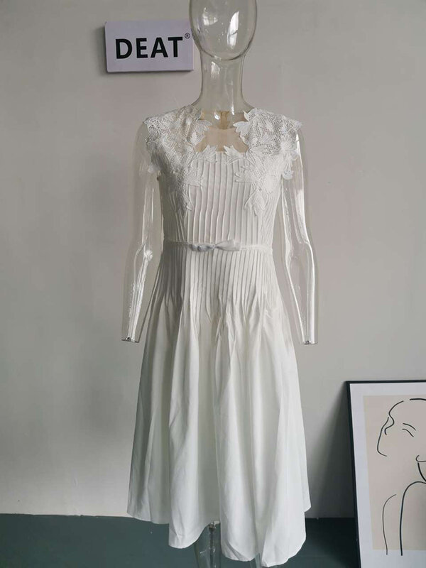 Deat elegante Kleid Stickerei weiße Spitze Taille bis ärmellose Blumen plissierte Frauen Abendkleid Frühling neue Mode 13 db421