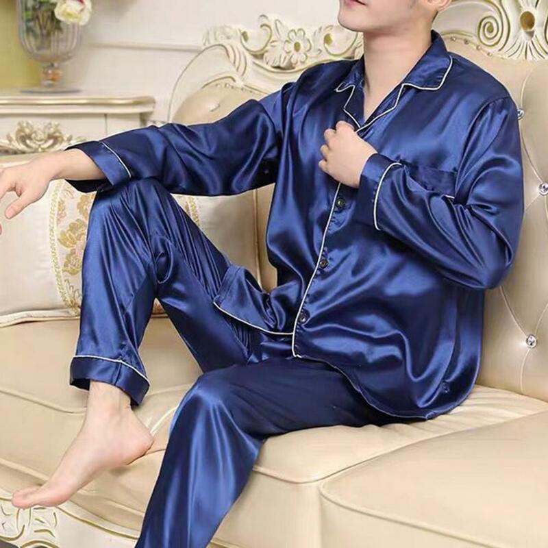 2 Pcs Men Pajamas Set Satin Lapel Long Sleeve Single-breasted Elastic Waist Men Homewear Shirt Pants Set Fall Spring Sleepwear