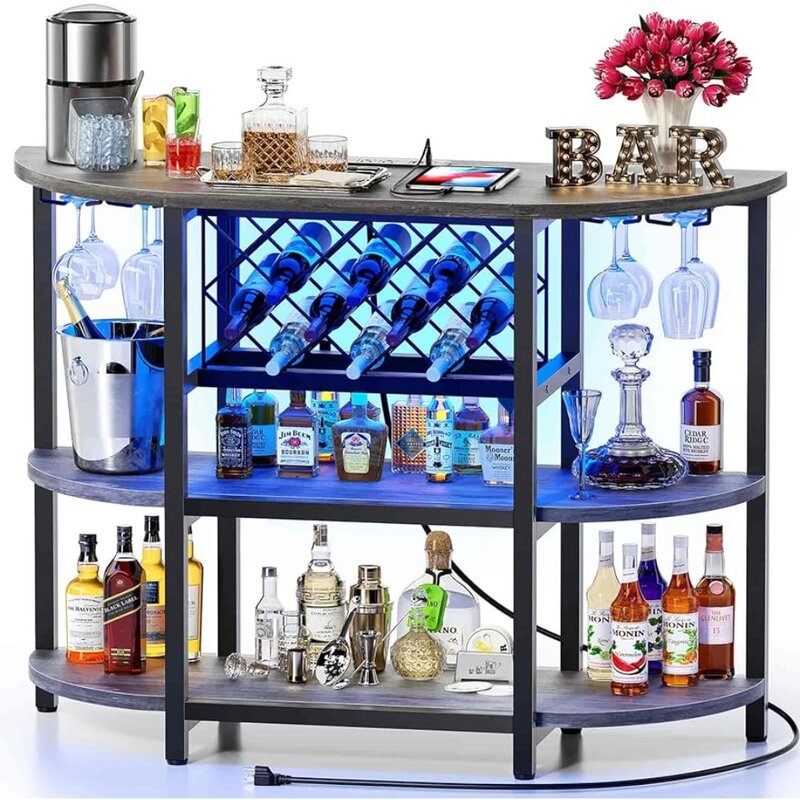 Kabinet Bar Mini rumah LED untuk lemari minuman keras dengan Power Outlet Stan Bar anggur logam dengan penyimpanan 4 tingkat mudah dirakit abu-abu