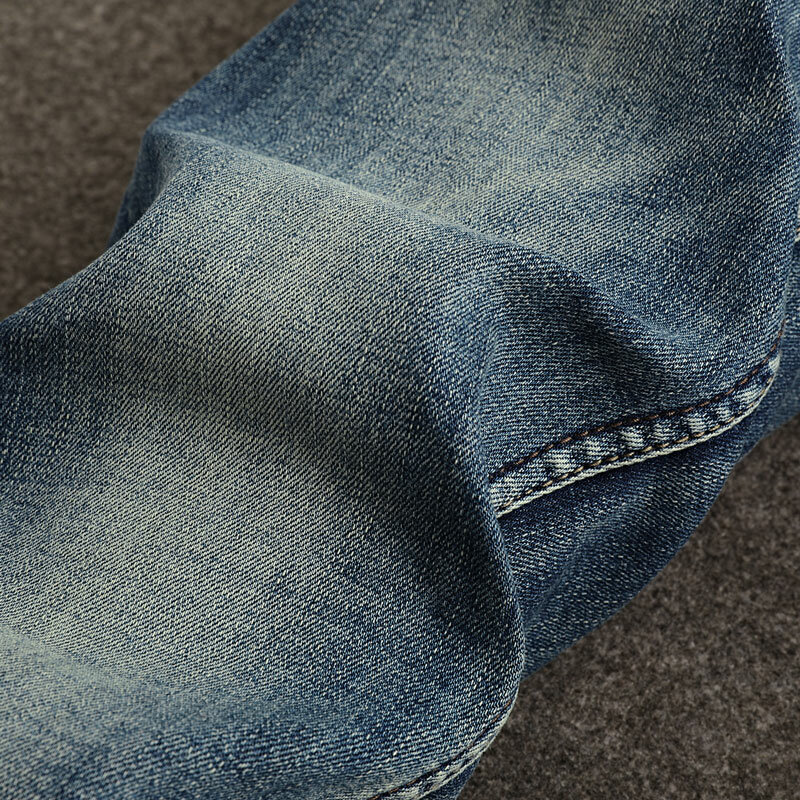 Pantalones vaqueros de estilo italiano para Hombre, Jeans rasgados de alta calidad, elásticos, ajustados, de diseñador Vintage, azul Retro
