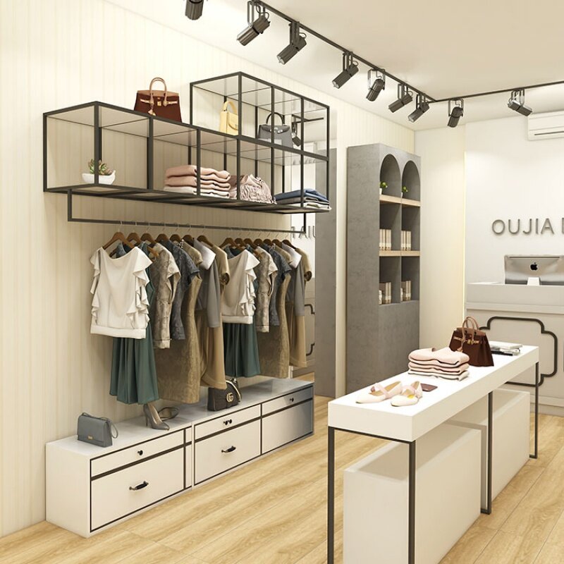 Oujia-ブティックブラックウォールマウントディスプレイラック、小さな小売衣料品店、室内デザインのアイデア、カスタム
