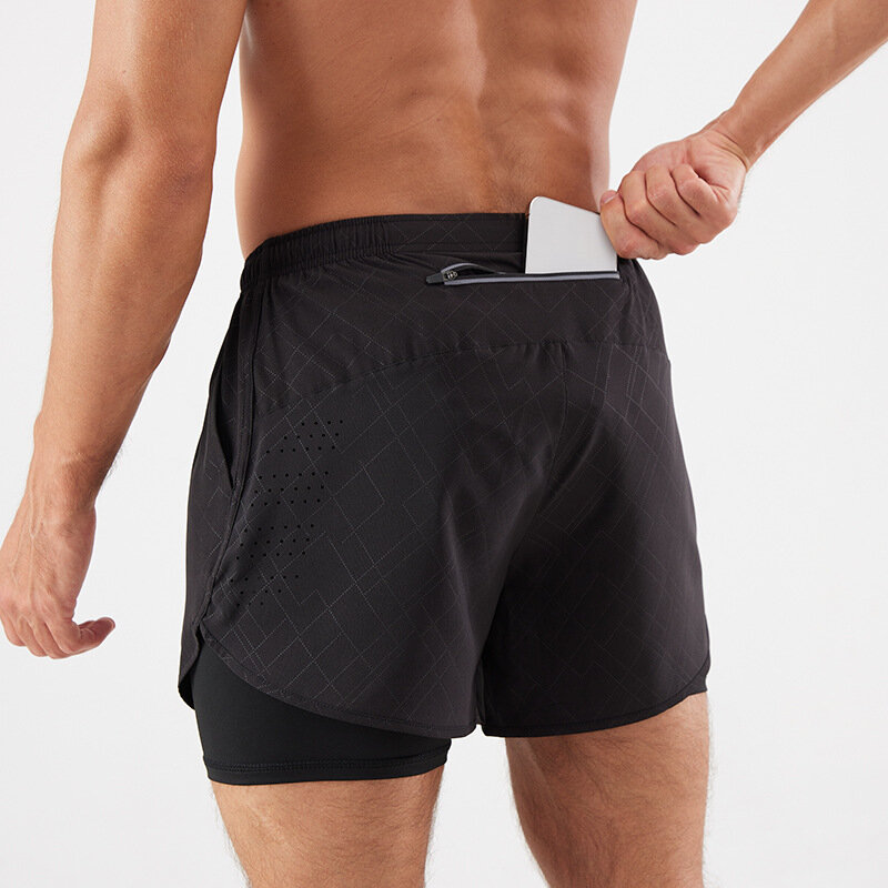 กางเกงวิ่งมาราธอนสำหรับทุกเพศกางเกงขาสั้นแบบหลวมกางเกงออกกำลังกายสองชั้นกันลื่นแห้งเร็ว