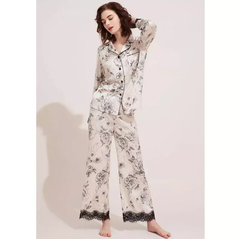 Conjuntos de pijamas com estampa floral de 2 peças para mulheres, seda falsa, pijamas cetim, manga longa, roupa caseira, primavera, outono