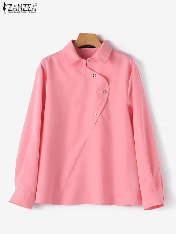 ZANZEA-Camisas inclinadas femininas, tops de cor sólida, túnicas de manga comprida, blusas casuais com gola lapela, moda, primavera, 2022