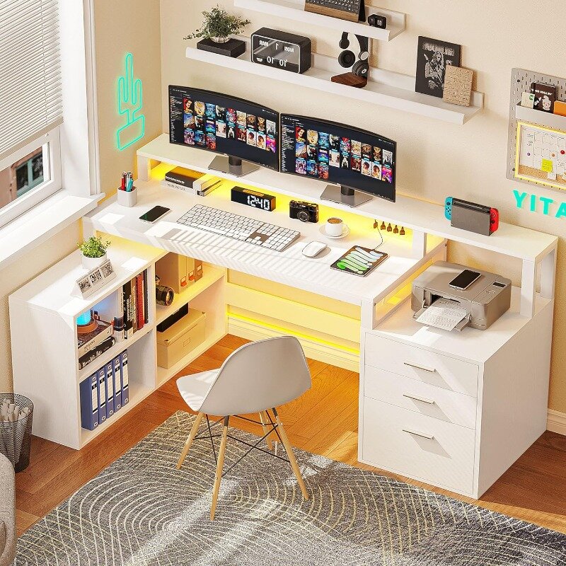 서랍이 3 개 있는 책상, 전원 콘센트 및 LED 조명이 있는 코너 컴퓨터 책상, 서류 캐비닛 및 프린터 스탠드가 있는 L자형 책상