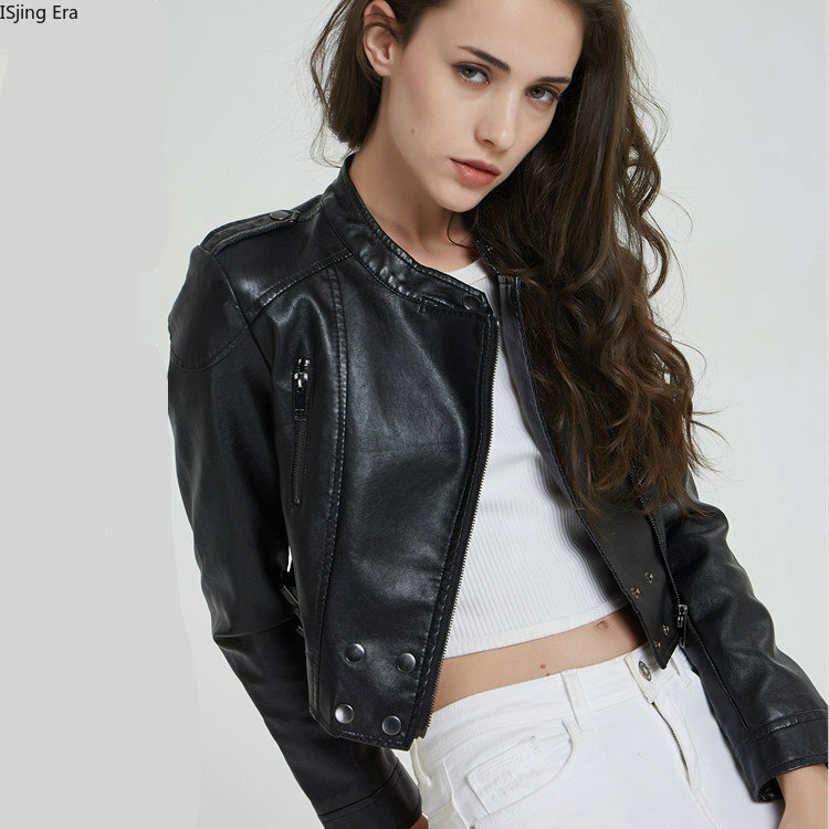 2023Women Leather Coat Short Fit Standing Collar Motorcycle Leather Jacket Q4